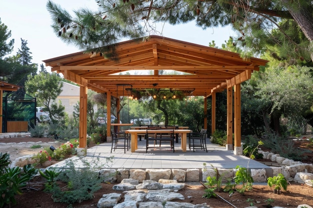 Photo serene backyard pergola with hanging lights and dining set