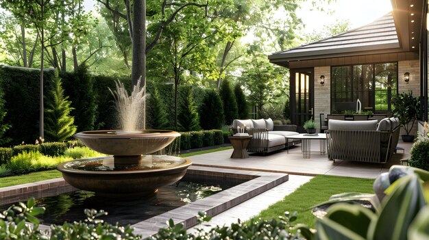 Photo serene backyard with patio seating greenery and fountain in perfect weather