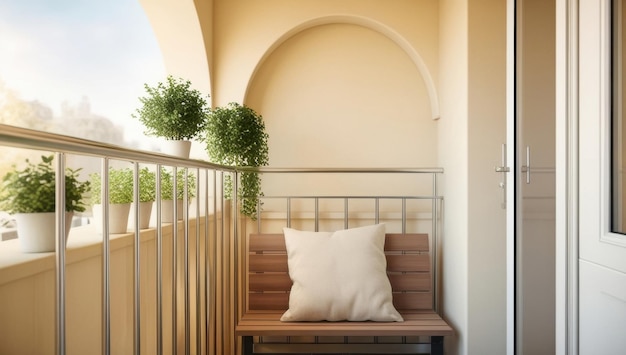 A serene balcony with a wooden bench and potted plants perfect for relaxation