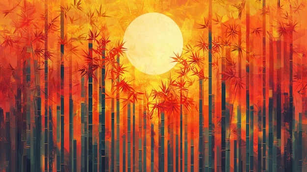 Serene Bamboo Grove in Warm Hues Flat Design with Symmetrical Arrangement