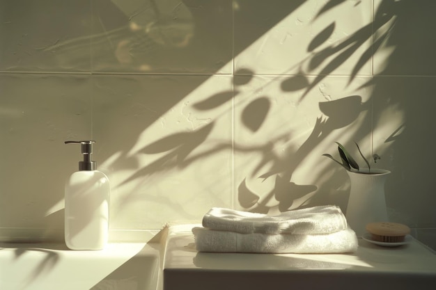 A serene bathroom counter featuring a white soap dispenser and neatly folded white towels with sunlight casting shadows on the wall