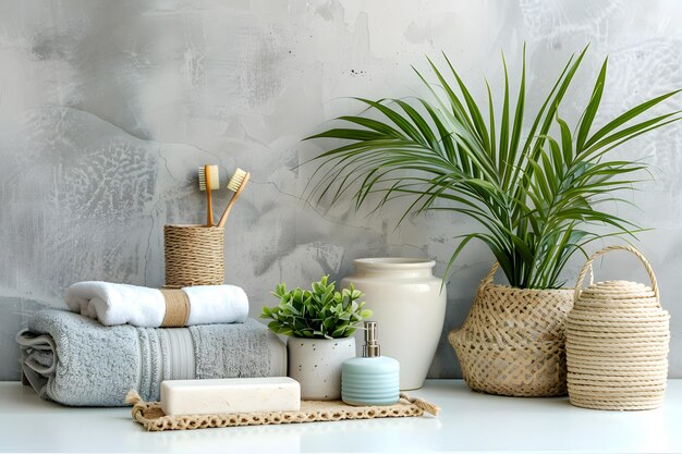 Photo serene bathroom decor with towels plants and natural elements