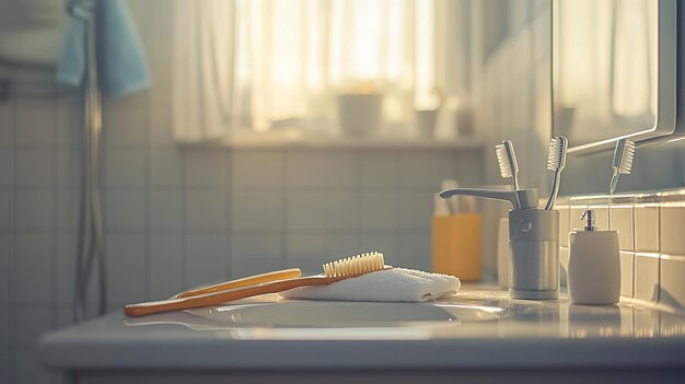 Photo a serene bathroom scene featuring a toothbrush towel and personal care items