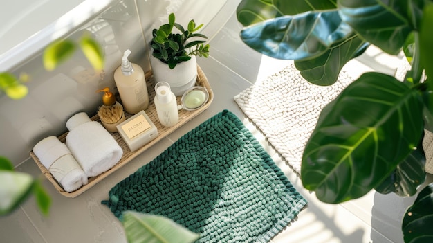 Photo a serene bathroom setup featuring lush potted plants neatly arranged toiletries and soft green and white mats exuding tranquility and freshness