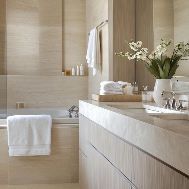 A serene bathroom with a neutral palette of beige cream and light taupe