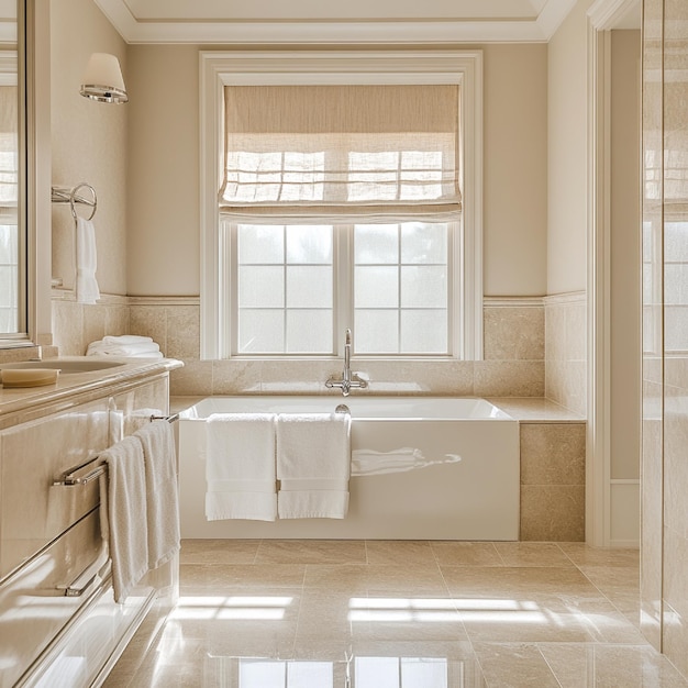 A serene bathroom with a neutral palette of beige cream and light taupe