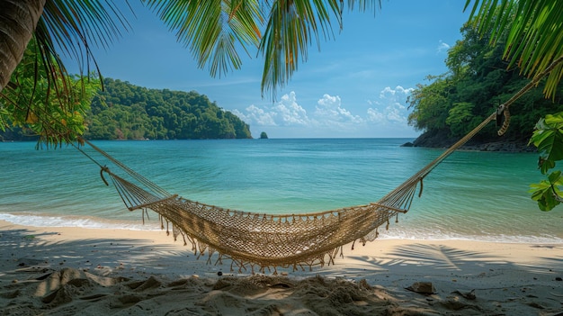 Serene Beach Hammock Retreat with Palm Trees and Calm Sea Background