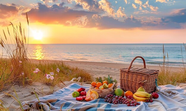 Photo serene beach picnic with blanket and fresh basket