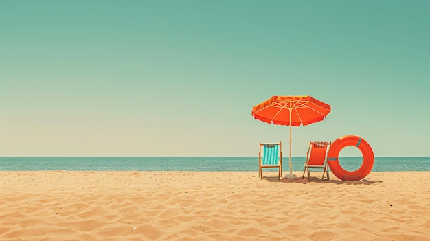 A serene beach scene featuring a bright umbrella and matching chairs arranged neatly on the golden