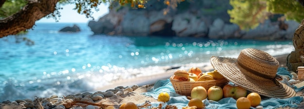 A serene beach scene featuring a picnic setup with a woven hat fruit basket and blue blanket