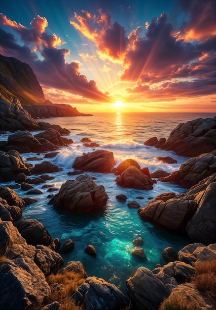 Serene beach scene at sunset with the sky painted in hues of orange and pink reflecting off the calm ocean water The shore is lined with large rocks adding to the tranquil atmosphere