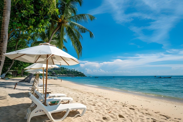 A serene beach scene in Thailand with white chairs