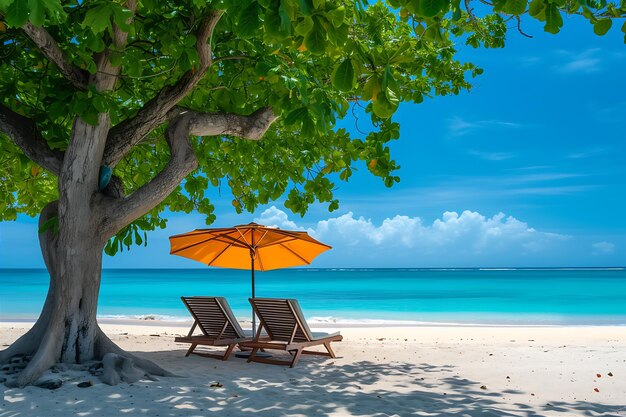 Serene Beach Scene with Chairs under a Tropical Hut