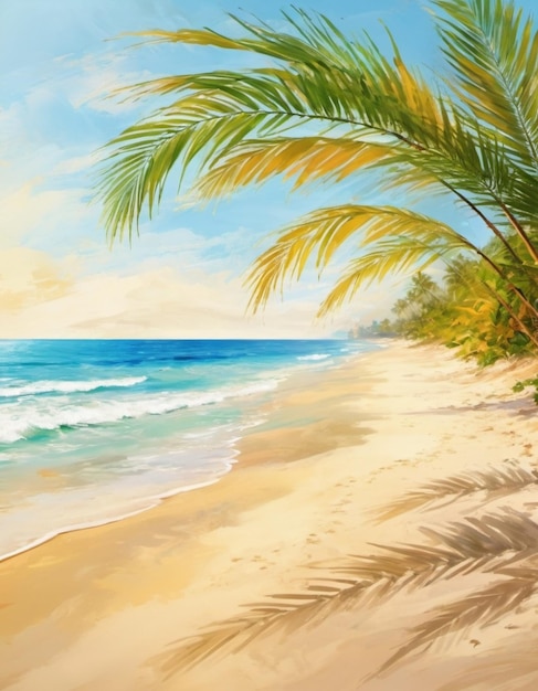 Serene beach scene with gentle waves sandy shoreline and palm trees casting shadows The bright colors and soft brushstrokes create peaceful atmosphere Generated AI Sunny beach holidays travel