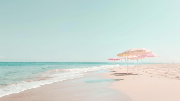 Photo serene beach scene with pastelcolored umbrellas dotting the sandy shore