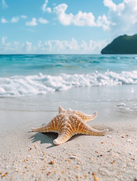 Serene Beach Scene with Starfish and Ocean Waves