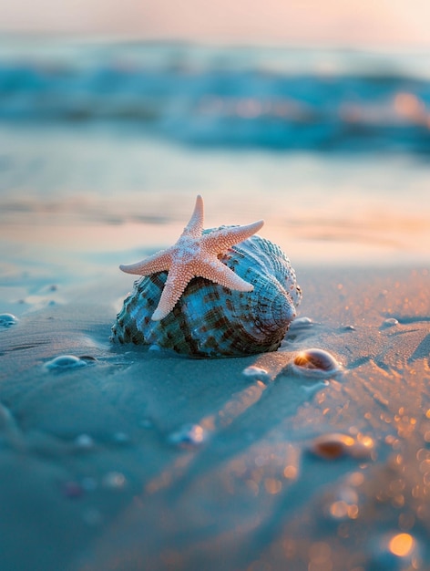 Serene Beach Scene with Starfish and Seashell at Sunset