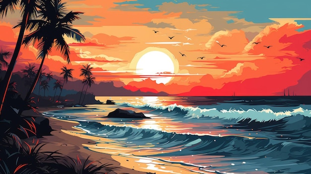 A serene beach scene with a vibrant sunset