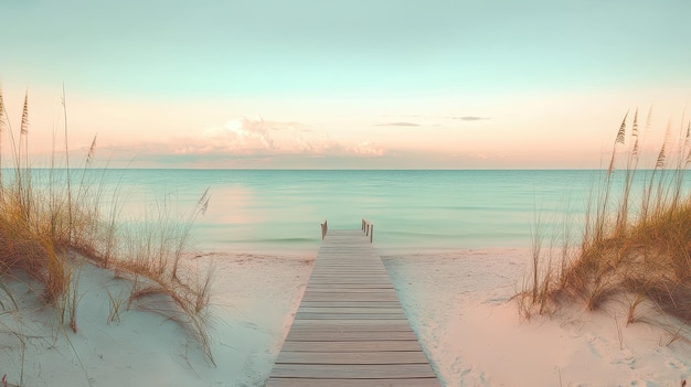 Photo a serene beach scene with a wooden pier leading to calm waters and soft pastel skies