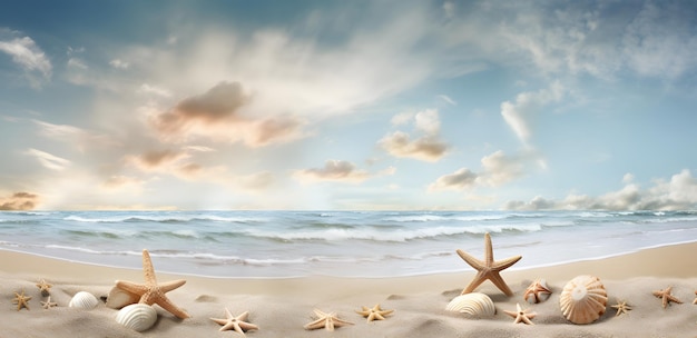 A serene beach setting with starfish and shells and a cloudy afternoon sky Generative AI