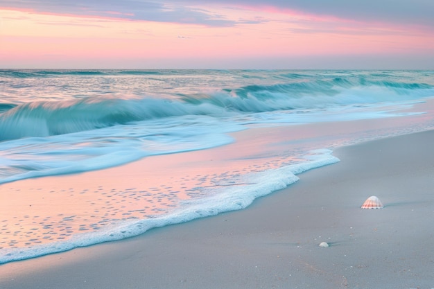 Photo a serene beach at sunrise with gentle waves and a pastel sky