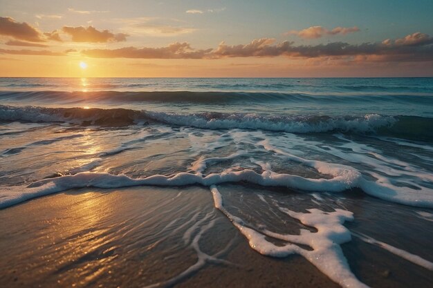 A serene beach at sunrise with gentle waves