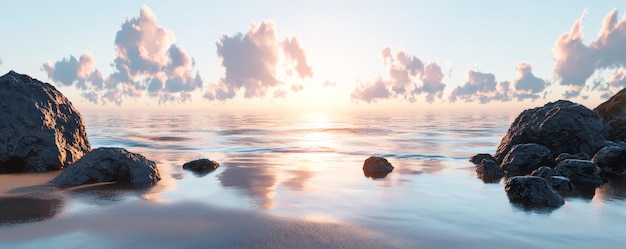 Photo serene beach sunrise with sandy shore and gentle waves under a cloudy sky