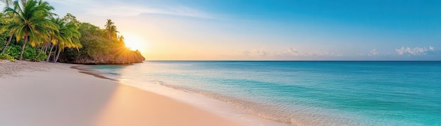 Photo a serene beach at sunset featuring soft sand gentle waves and lush palm trees creating a perfect tropical paradise