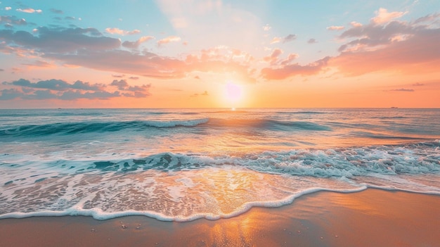 Serene Beach Sunset Tranquil Ocean Waves and Vibrant Horizon