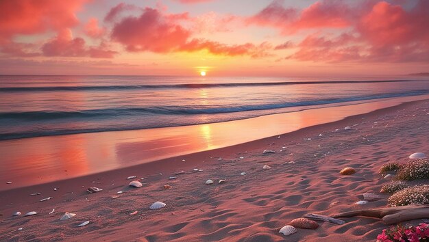 Photo serene beach sunset vibrant orange pink skies reflecting on calm ocean waves