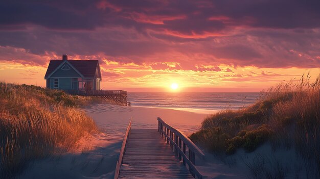 Photo serene beach sunset with a cozy house nearby