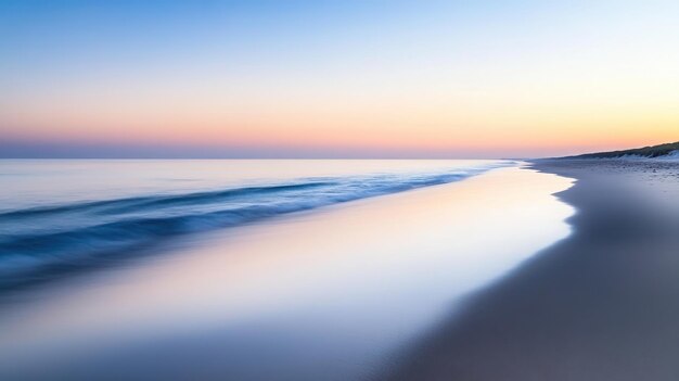 Photo a serene beach at sunset with gentle waves and a calm atmosphere