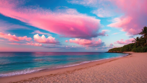 Photo a serene beach sunset with pink clouds and a tranquil ocean view