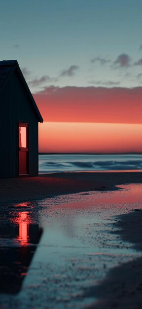 Photo serene beach sunset with reflections and coastal cottage