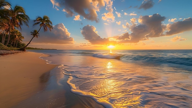 Serene Beach Sunset with Swaying Palm Trees and Gentle Waves