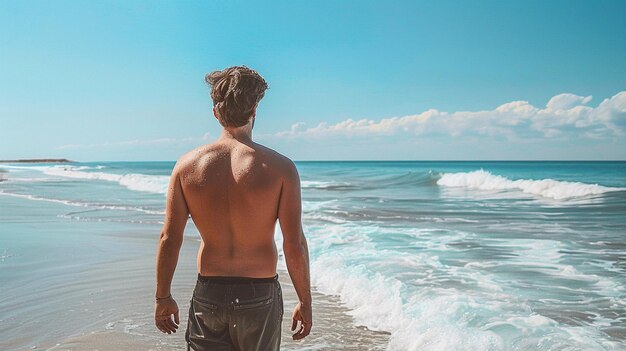 Serene Beach Vacation Man Enjoying Ocean Waves and Sunny Sky