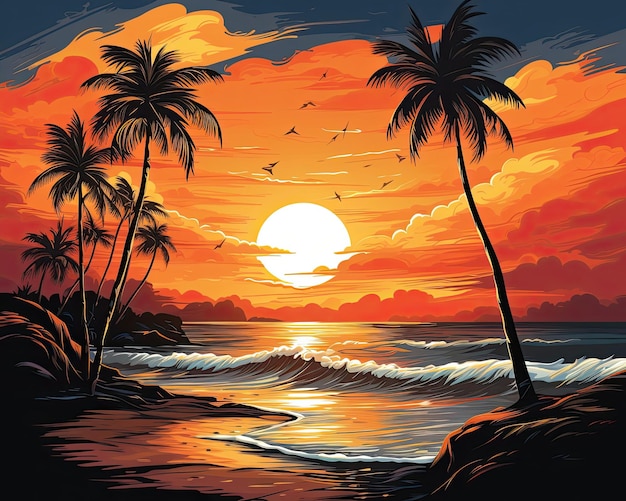 A serene beach with palm trees and a sunset Generative AI