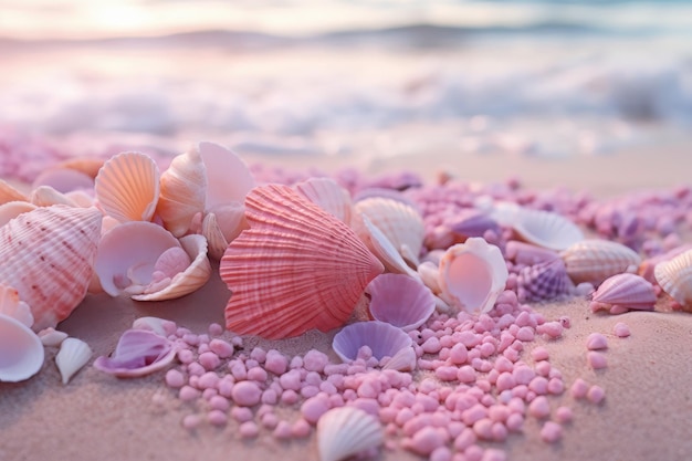 A serene beach with pinkhued seashells pink life