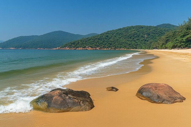 Photo serene beach with rocky shore