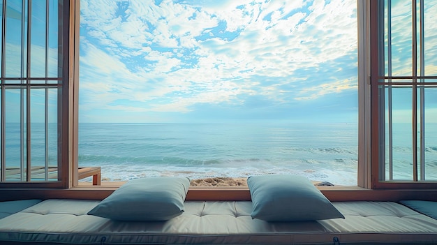 Photo serene beachfront view from luxurious hotel room with cushioned window seat and tranquil ocean waves