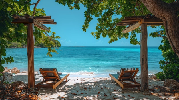 Serene Beachside Cabana Retreat with Lounge Chairs and Calm Sea Background Photography