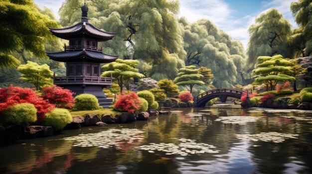 A Serene and Beautiful Japanese Garden with pagoda