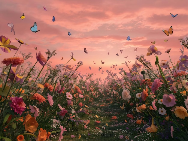 A serene and beautiful morning scene filled with vibrant flowers and delicate butterflies