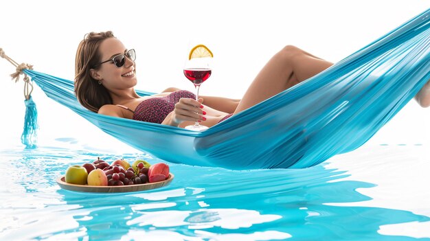 Photo serene beautiful woman relaxing on floating hammock in swimming pool