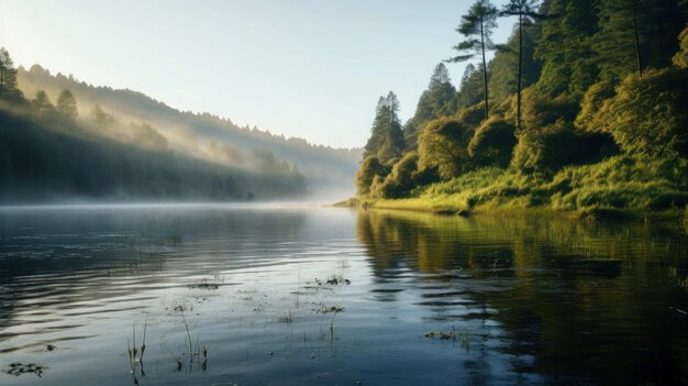 serene beauty of a calm lake surrounded by lush greenery