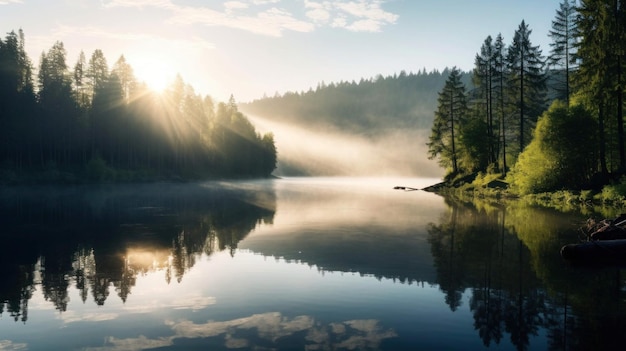 serene beauty of a calm lake surrounded by lush greenery