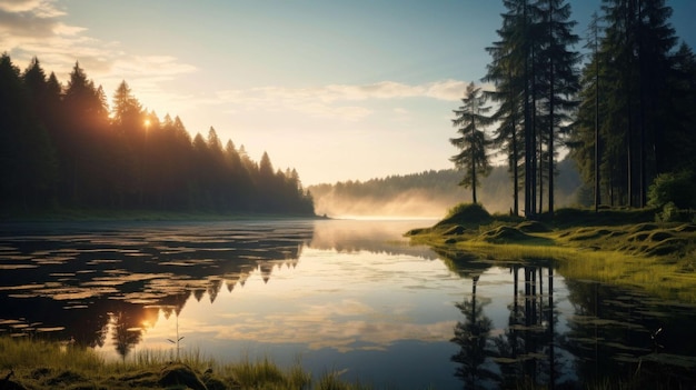 serene beauty of a calm lake surrounded by lush greenery