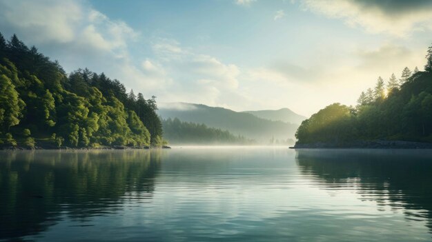 serene beauty of a calm lake surrounded by lush greenery