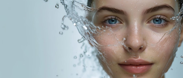 Serene beauty captured with water splashing around a young womans face highlighting purity and refreshment