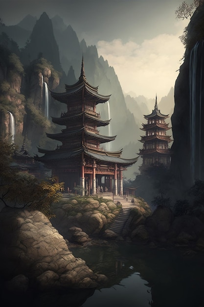 Serene beauty A Chinese temple nestled in the mountains